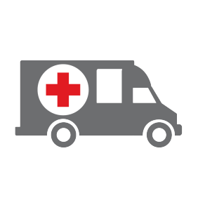 Grey icon of an emergency response vehicle with the Red Cross logo