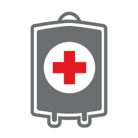Grey icon of a blood bag with a red cross logo in the middle