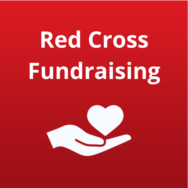 The words Red Cross Fundraising shown in white text on red gradient background above a white icon of a hand holding a heart